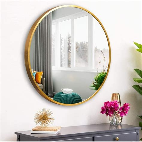 Neutype 28" Gold Round Wall Mirror, Modern Aluminum Alloy Frame Accent Wall-Mounted Decorative ...