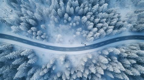 Premium AI Image | Forest in snow Snowy forest road Forest road from above