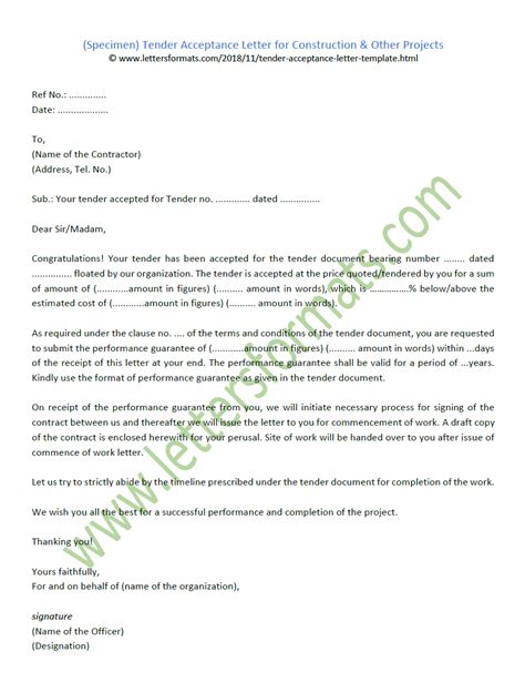 Tender Acceptance Letter for Construction and Other Projects