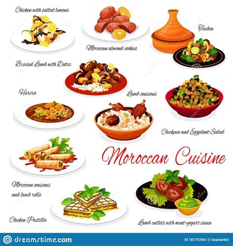 Moroccan food traditional authentic cuisine dishes. Illustration about ...