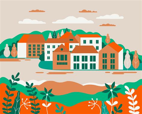 Village landscape flat vector illustration By ImpressinArt | TheHungryJPEG