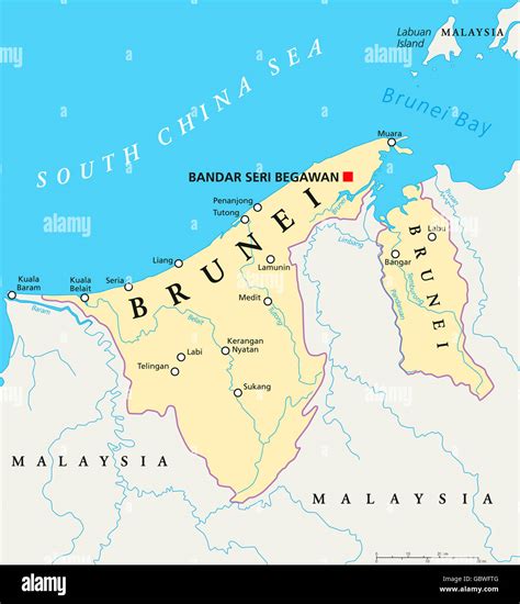 Brunei political map with capital Bandar Seri Begawan, national borders, cities and rivers Stock ...