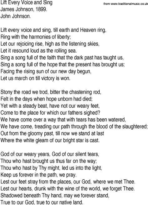 Hymn and Gospel Song Lyrics for Lift Every Voice and Sing by James Johnson