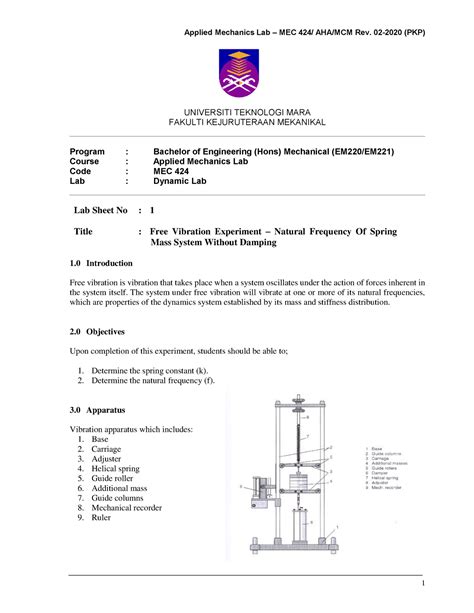 Dynamics Lab sheet 1 - Free Vibration Experiment - PKP - lab strength - UiTM - Studocu