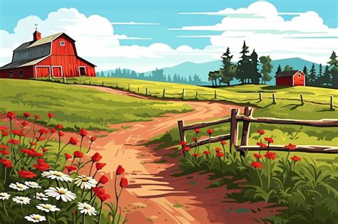 Premium Vector | Farm scene with red barn dirt road and farm with red barn wildflowers spring ...