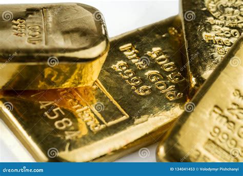 Several Cast Gold Bars of Different Weights on White Background. Stock Image - Image of closeup ...