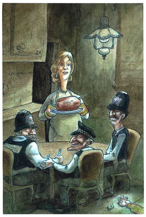 a woman holding a turkey in front of three men sitting at a table