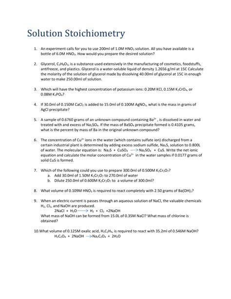 Solution Stoichiometry WS