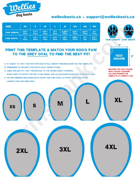 Wellies Dog Boots Sizing Chart printable pdf download