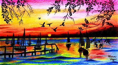 Sunset Beautiful Scenery Drawings With Crayons