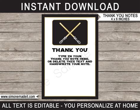 Star Wars Party Thank You Cards Printable Gold Star Wars Birthday Party Theme 4x6 Inch INSTANT ...