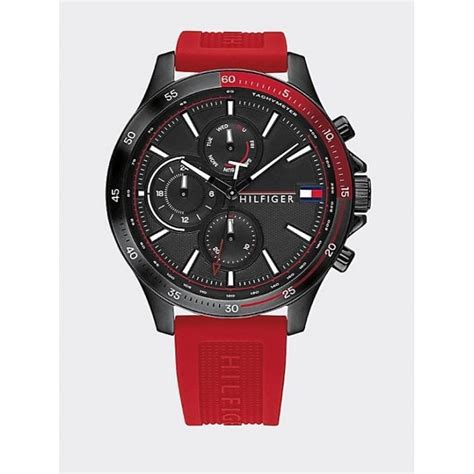 Mens Red Silicone Strap Bank Watch