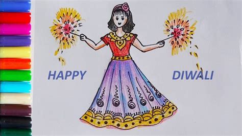 Diwali drawing for kids | How to draw safe diwali festival | Cute girl d... | Diwali drawing ...