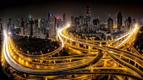 Time lapse photography super skyway during night time, Shanghai, cityscape, skyscraper, lights ...