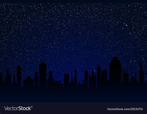 City on starry night sky with dark blue glow Vector Image