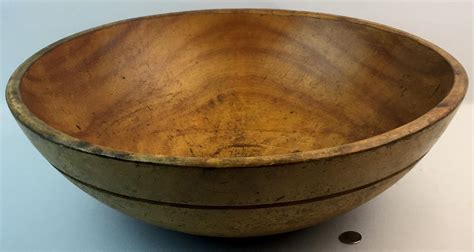 Lot - Antique Primitive Large Wooden Bowl w/ Grooved Banded Line 18" x 19.75"