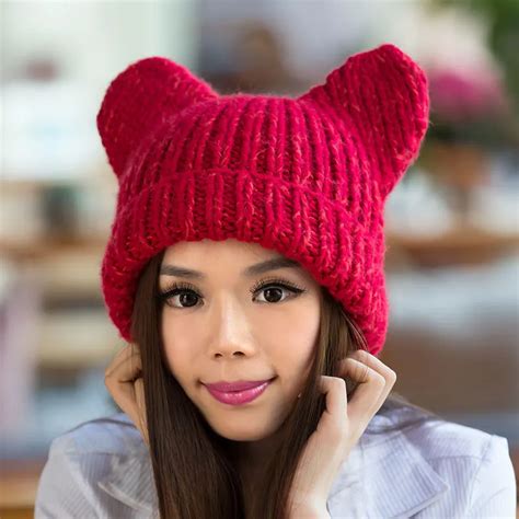 2018 Knitted Hats for Women Cartoon Big Ears Beanie Hat Cap for Girls Wool Hat Female Skullies ...