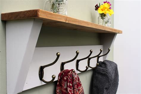 Shabby Chic Wooden Coat Rack With Shelf Solid Wood Winter Grey Vintage Rustic Antique Cast Iron ...