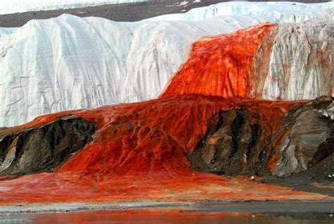 Bloody waterfall in Antarctica. Red color comes from a high concentration of iron in water. When ...