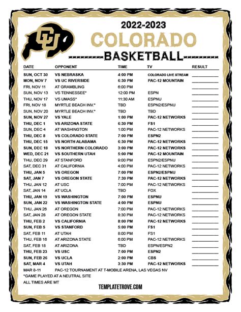 Printable 2022-2023 Colorado Buffaloes Basketball Schedule