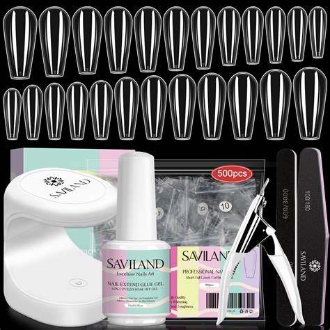 Saviland Nail Tip and Glue Gel Kit - Gel x Nail Kit with 500pcs Clear Fake Medium Coffin Nails ...