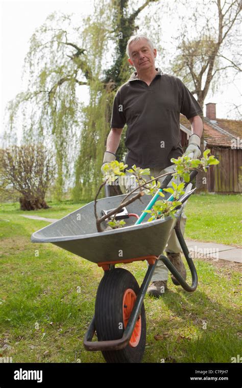 Man pushing wheelbarrow in backyard Stock Photo - Alamy