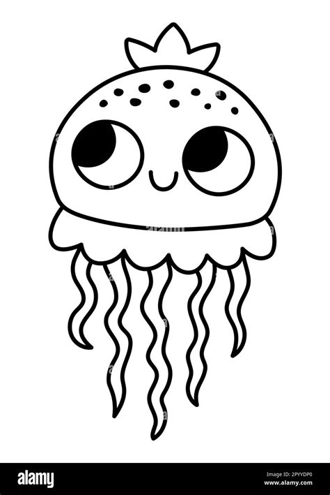 Vector black and white baby jellyfish icon. Under the sea line illustration with cute funny ...