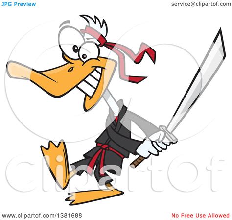 Clipart of a Cartoon Ninja Duck in Black, Swinging a Katana Sword - Royalty Free Vector ...