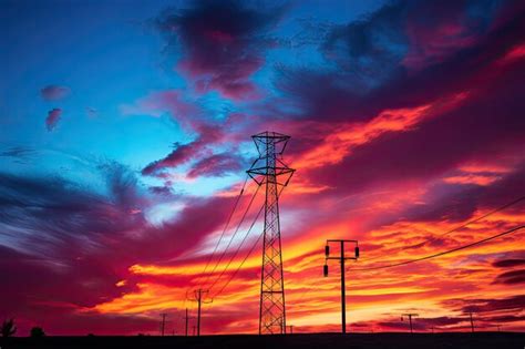 Premium Photo | Electric pole in evening red cloudy sky