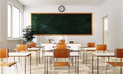 Premium Photo | Empty white classroom background with green chalkboard table and seat on wooden ...