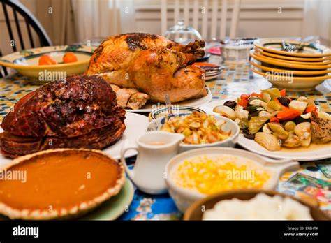 Thanksgiving turkey dinner on table - USA Stock Photo - Alamy