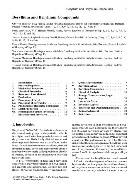 Beryllium and Beryllium Compounds: 2005 Wiley-Vch Verlag GMBH & Co. Kgaa, Weinheim | PDF ...