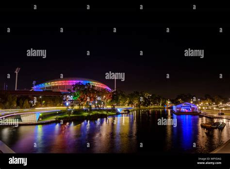 The Adelaide city skyline at night featuring the Adelaide Oval precinct ...