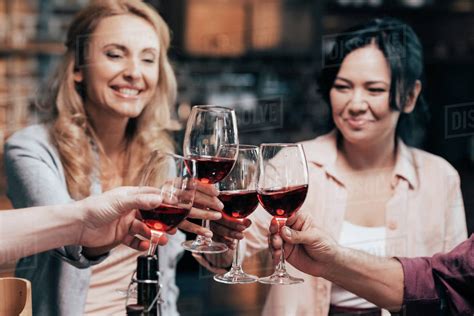 Beautiful happy multiethnic women drinking red wine with friends - Stock Photo - Dissolve