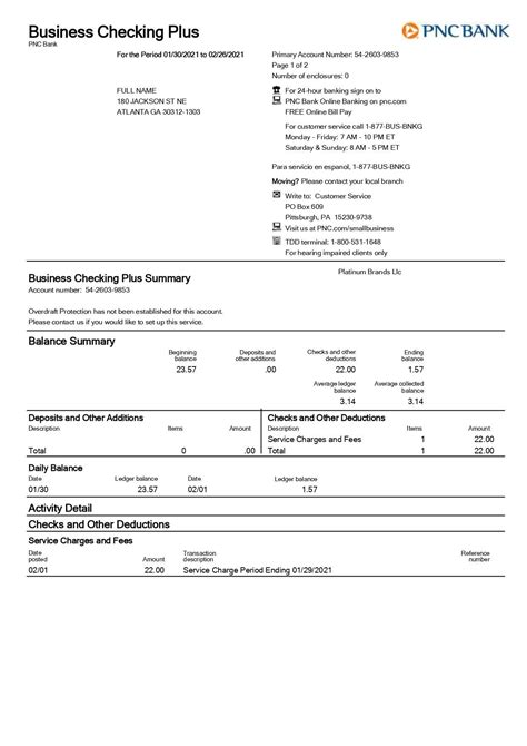 PNC Bank Statement Template - Business Checking Plus | Statement ...