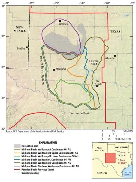 Image shows an outline of the Midland Basin and assessment units on a Texas County Map Texas ...