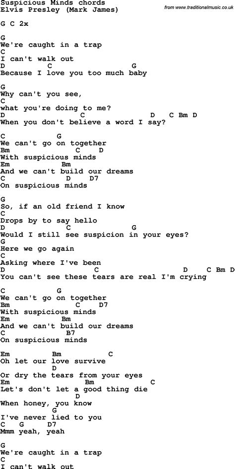 Song lyrics with guitar chords for Suspicious Minds