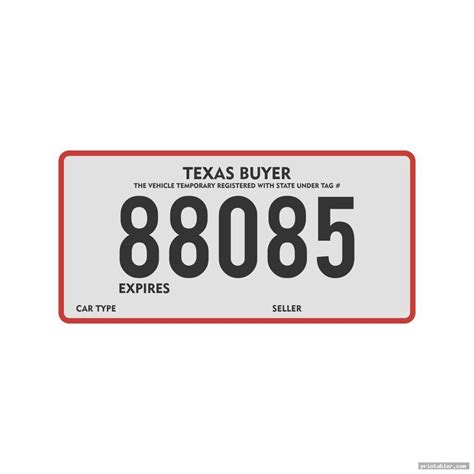 Temporary Texas License Plate Printable - Printable Templates