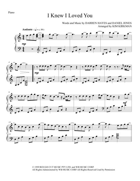 I Knew I Loved You (arr. Kim Kirkman) by Savage Garden Sheet Music for Piano Solo at Sheet Music ...