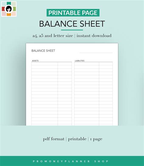 Balance Sheet Printable PDF Letter A4 A5 Instant Download Accounting ...