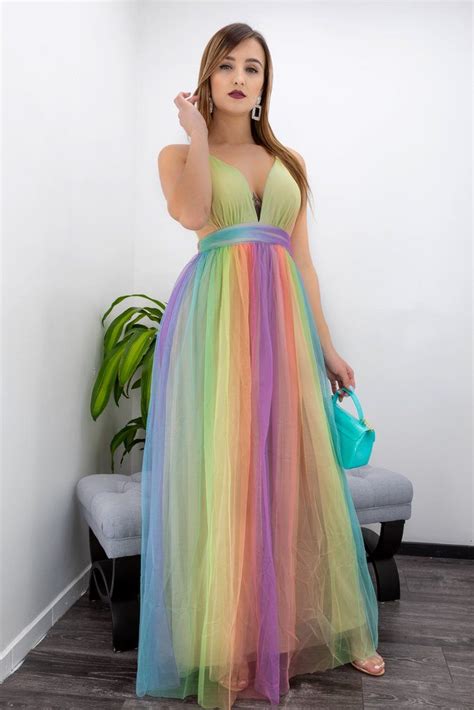 Rainbow Plunging Contrasting Maxi Dress | Maxi dress, Dresses, Long sleeve mini dress