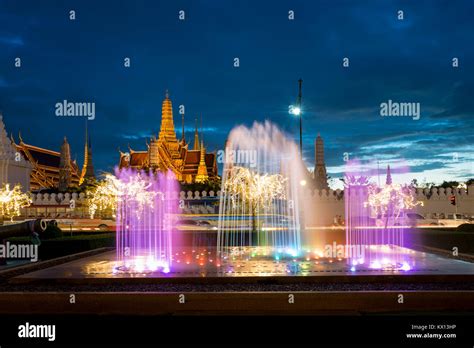 Wat phra kaew with colorful fountain at night in Bangkok, Thailand. Beautiful temple in Bangkok ...