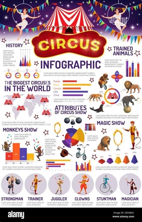 Circus show infographic, animals and performers, training attributes ...