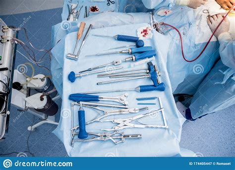Sterilized Surgical Instruments and Tools on the Blue Table. Stock Image - Image of doctor ...