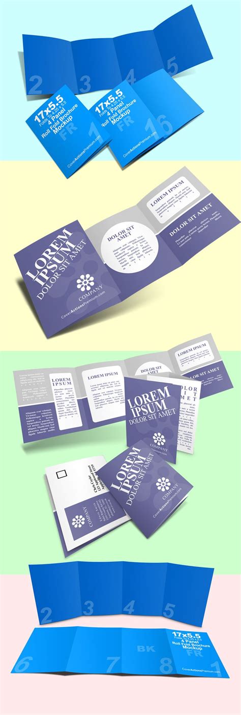 8 pp Roll Fold Brochure Mockup- 17x 5.5 | Cover Actions Premium | Mockup PSD Template | Brochure ...