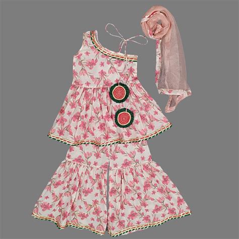 Floral Print Cotton One Shoulder Kurta With Sharara Pant For Girls