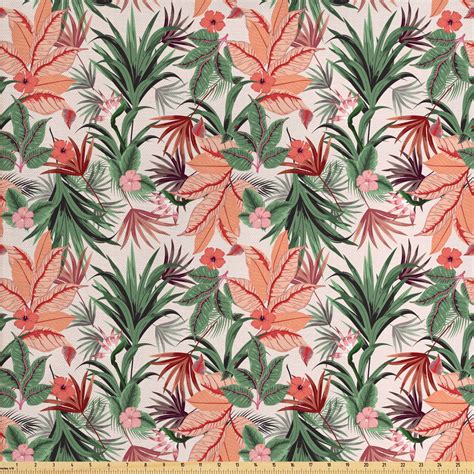 Botanical Fabric by The Yard, Natural Theme Various Leaves Pattern Colorful Tropical Plants ...