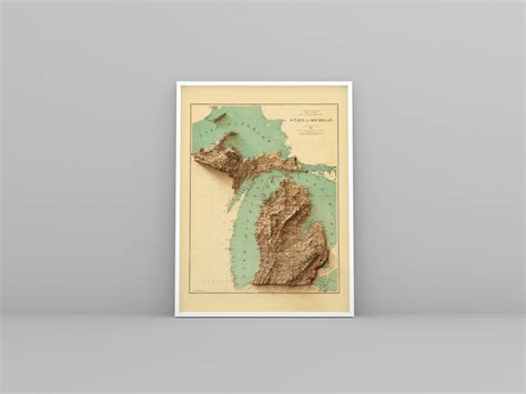 Michigan Map Michigan 2D Relief Map Michigan Vintage Poster - Etsy