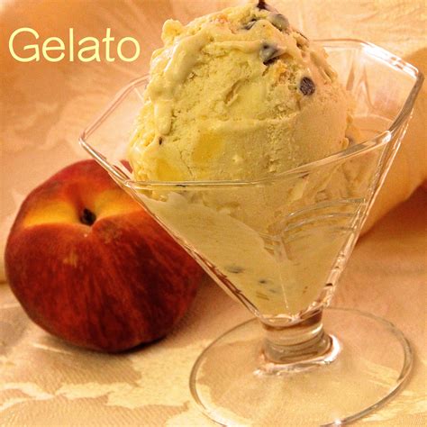 Gelato with peach puree, diced peaches and mini chocolate chips. Frozen ...