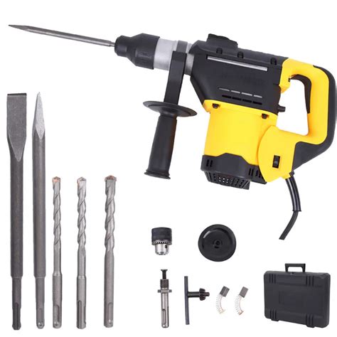 1800W Rotary Hammer with 3 Drill Bits 2 Flat Chisel Pointed Chisel Drill Bit Drilling Chiseling ...